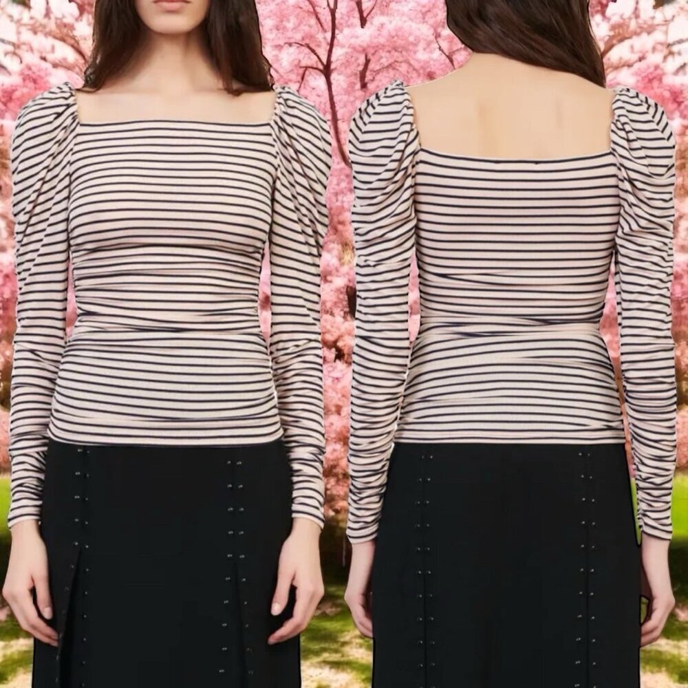 NWOT MAJE Take Square Neck Ruched Stripe Top Navy Pink‎ Academia Fairy 1/US 4